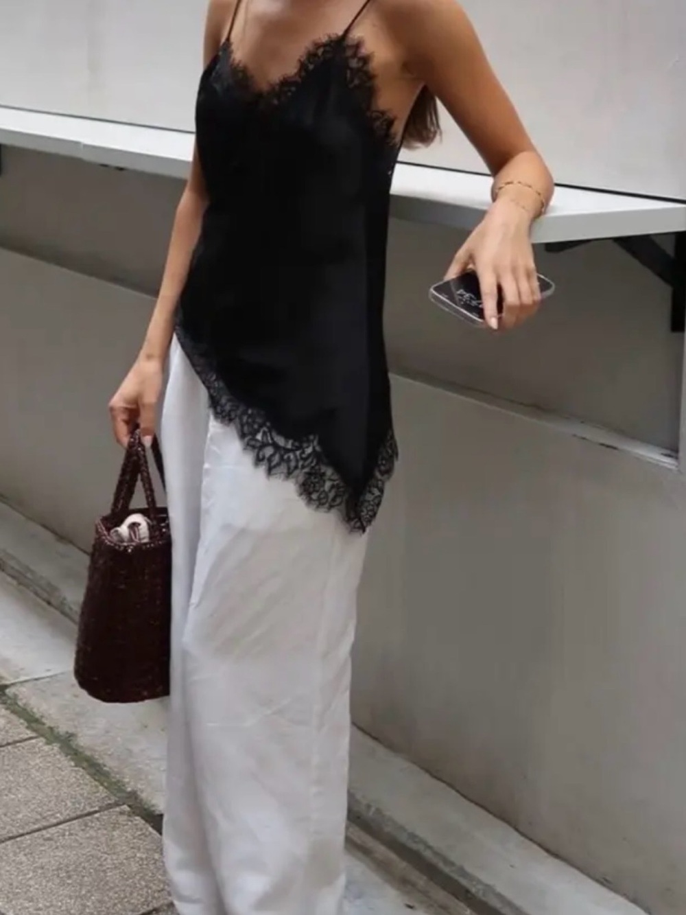 Zara Black Lace-Trim Satin Camisole